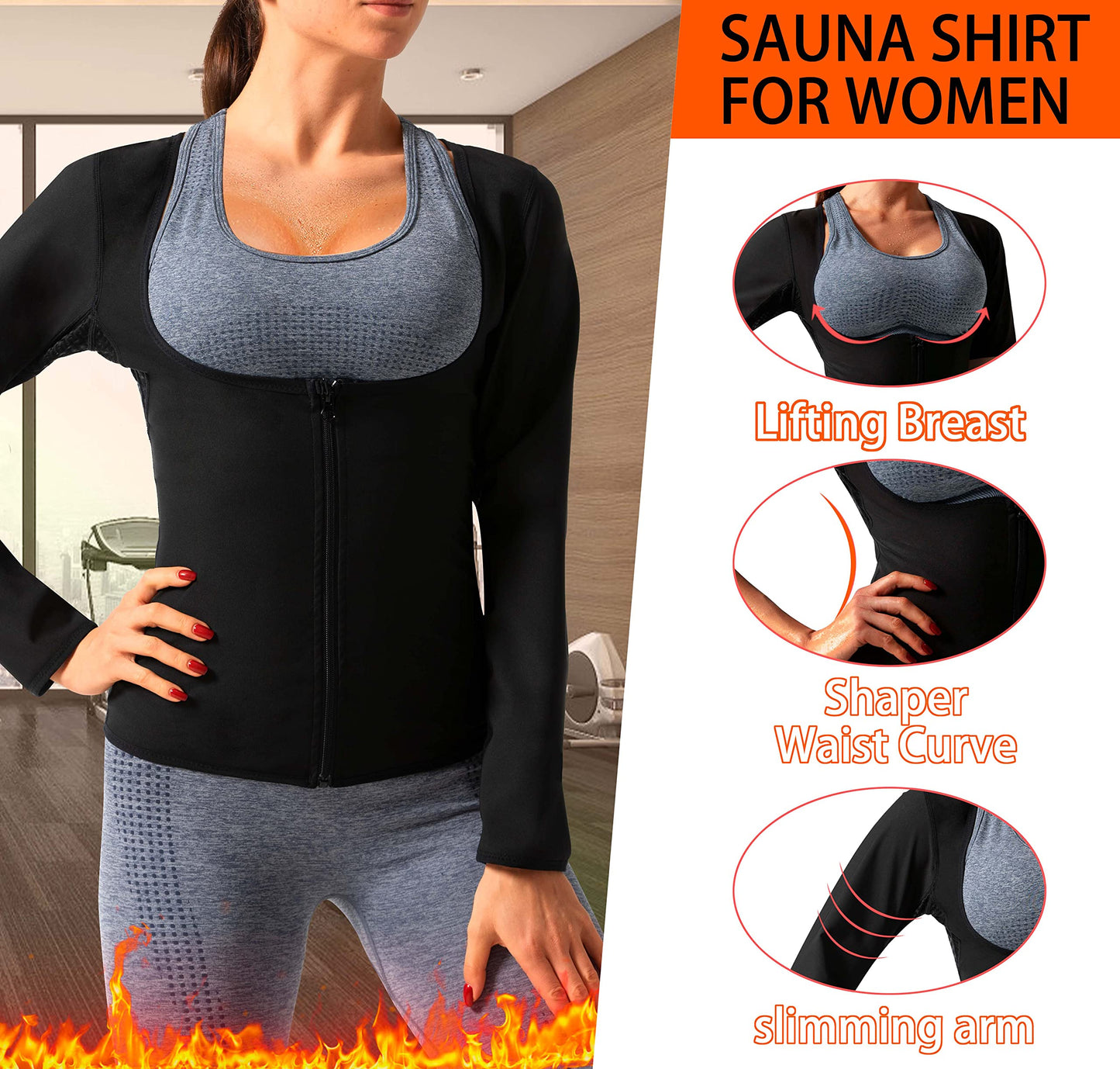 DYUAI Sauna Shirt for Women Sauna Suit for Women Waist Trainer Sauna Sweat Vest Workout Body Shaper Long Sleeve(6003-01-XL)