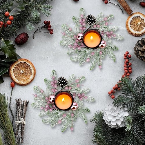 Christmas Candle Rings by [Brand Name] - 8" Small Wreaths with Pine Cones, Berries & Needles for Festive Table Decor
