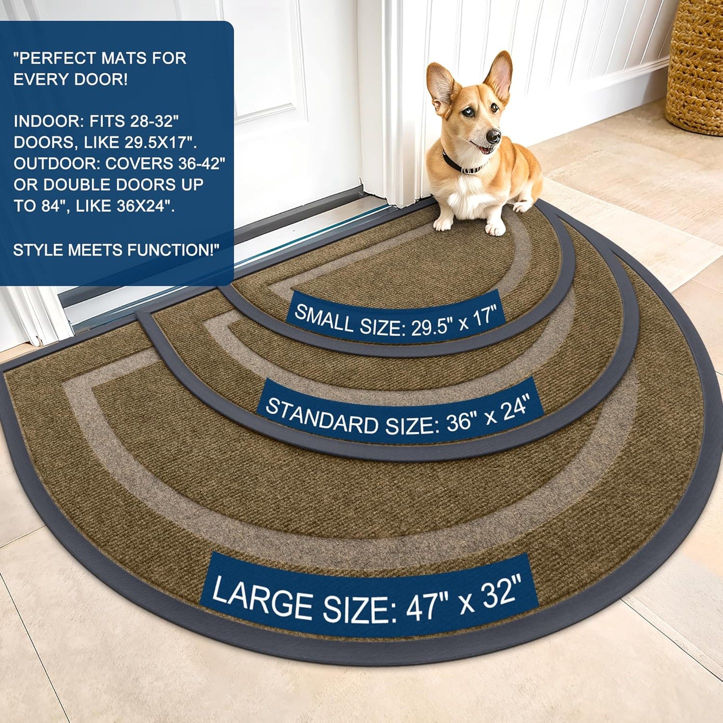 OLANLY Half Circle Door Mat - Waterproof All-Season Doormat for Indoor/Outdoor Use | 29.5x17, Brown