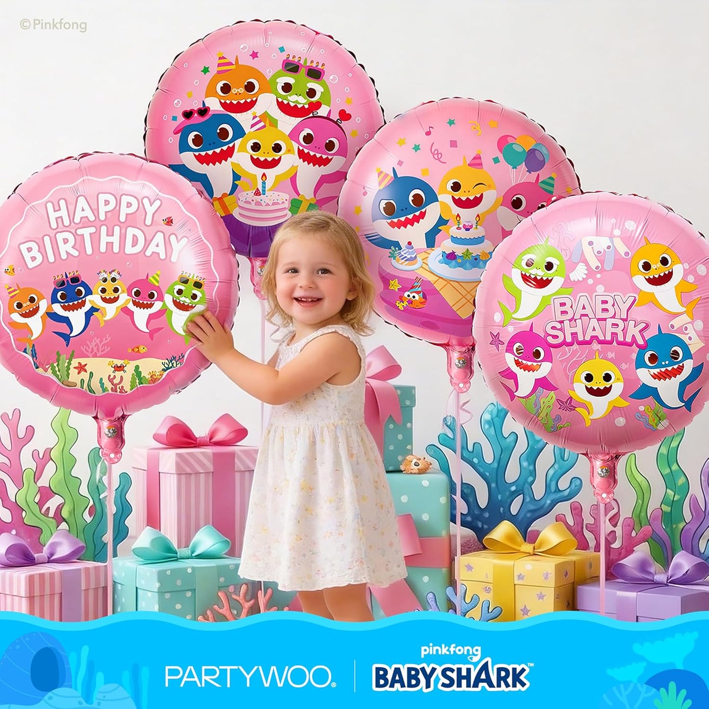 PartyWoo Baby Shark Family Foil Balloons - 13pcs Pink Round & Star Mylar Helium Balloons for Kids' Birthday Party Decorations