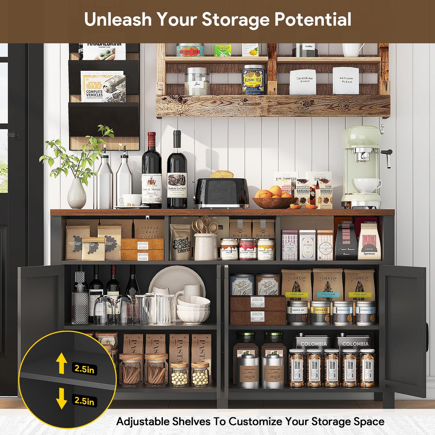 knoworld Buffet Sideboard with Storage Farmhouse with 4 Doors, 55'' Large Kitchen Storage Cabinet Wood Coffee Bar Cabinet Buffet Table with Shelves for Kitchen, Dining Room, Entryway (Black, 55 in)