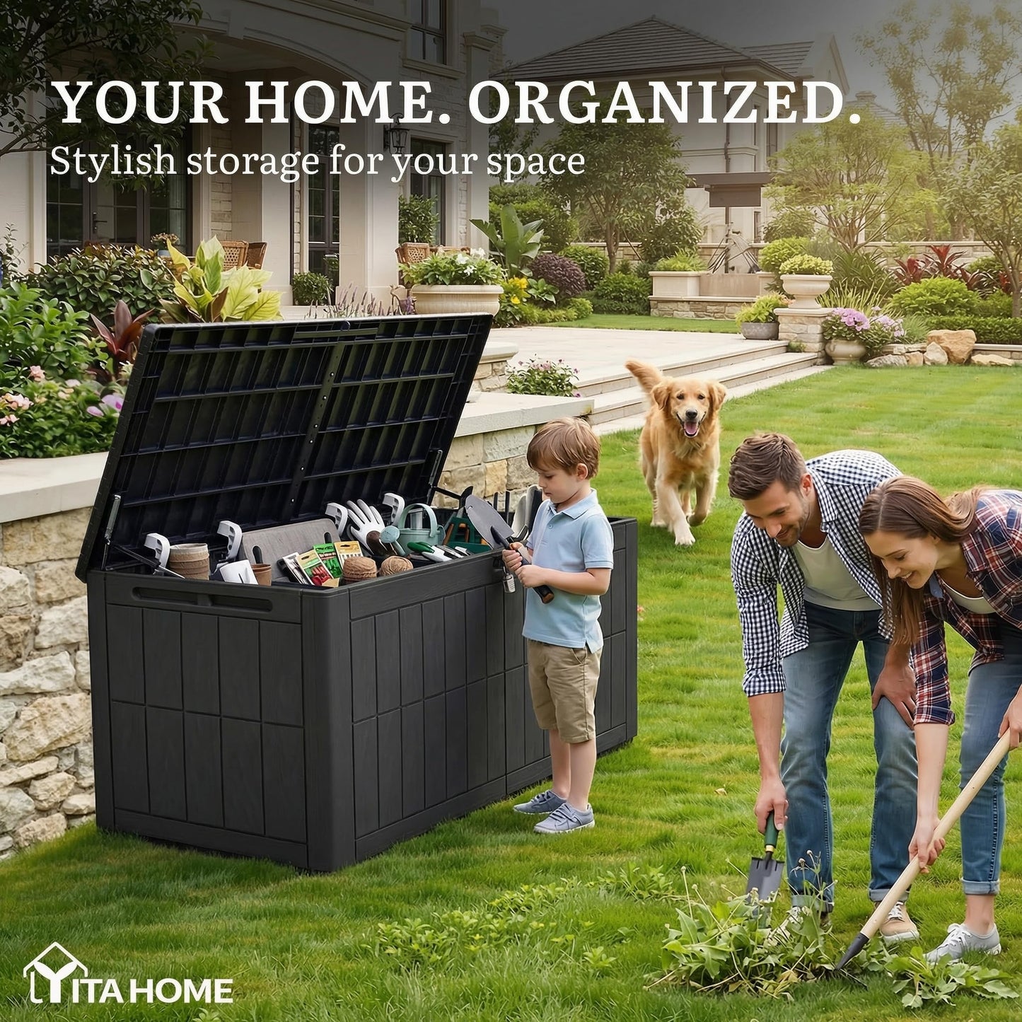 YITAHOME 134 Gallon Large Deck Box, Waterproof Resin Outdoor Storage Box with Lock, Doubles as 2-Person Bench Seating for Patio Furniture Cushions,Garden Tools & Pool Accessories, Black