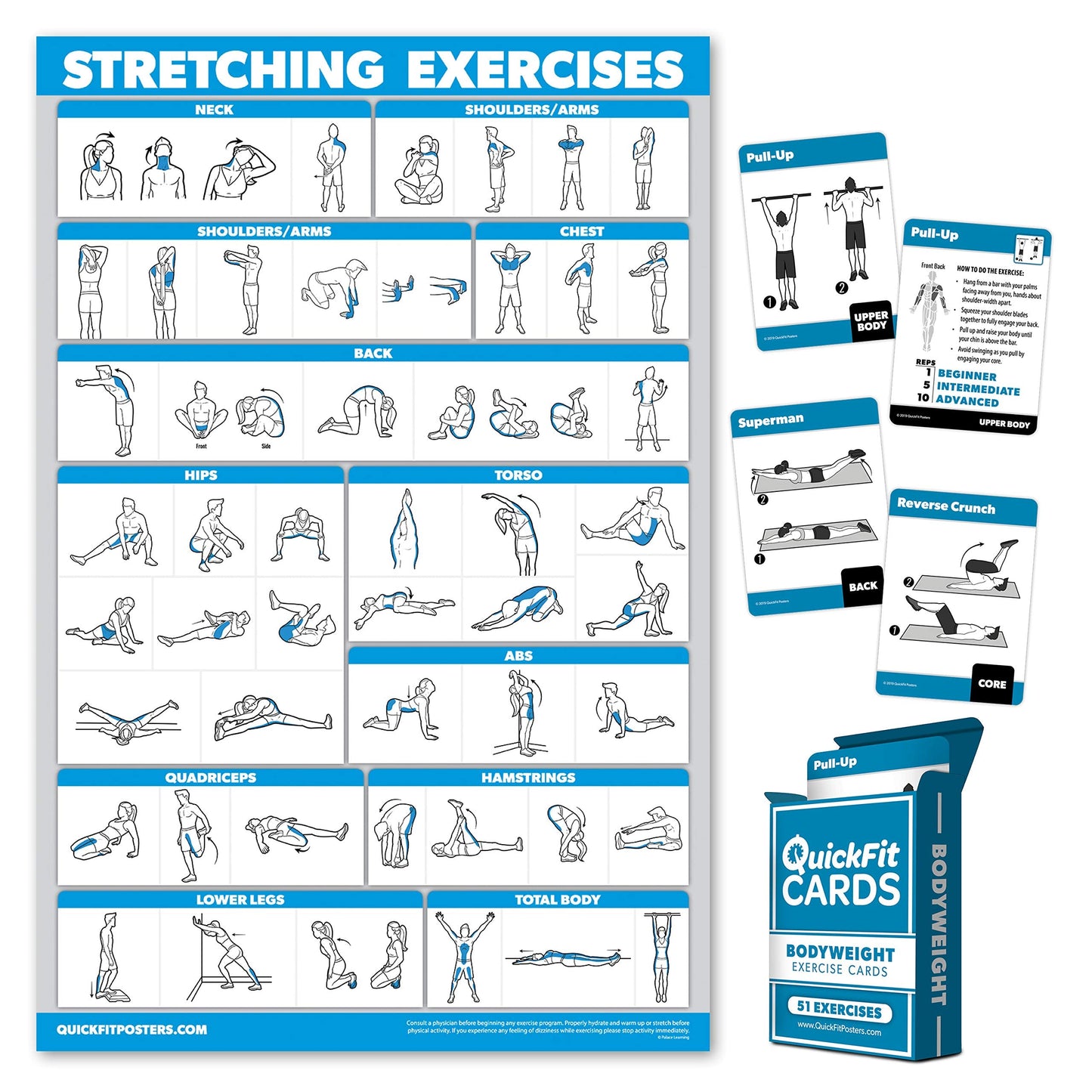 QuickFit 2 Pack - Stretching Exercise Poster - Laminated 18" x 24" & Bodyweight Exercise Playing Cards - 2.5" x 3.5"