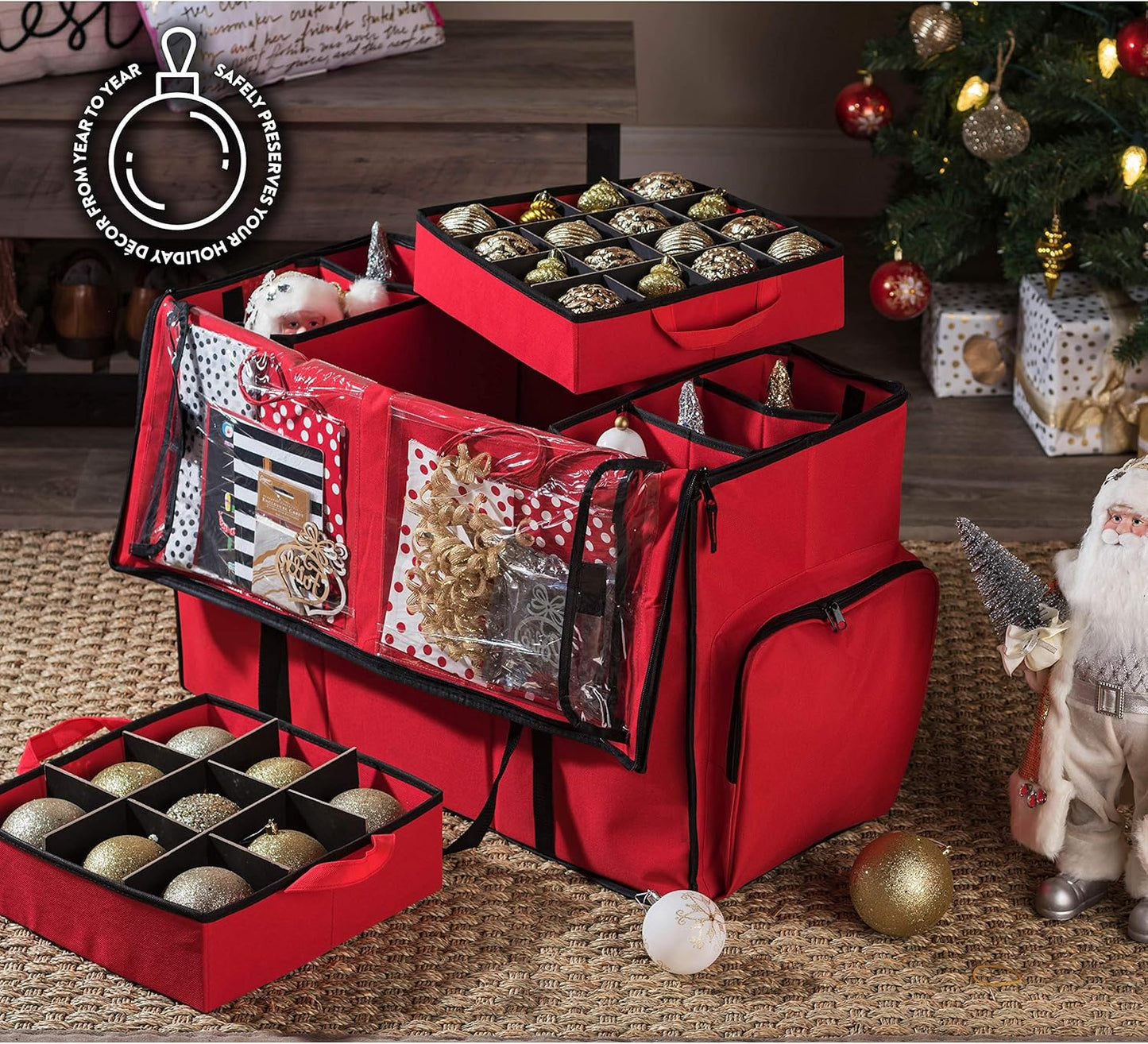 ZOBER Christmas Ornament Storage Box - Easy Access Removable Trays for 73 Ornaments - Red
