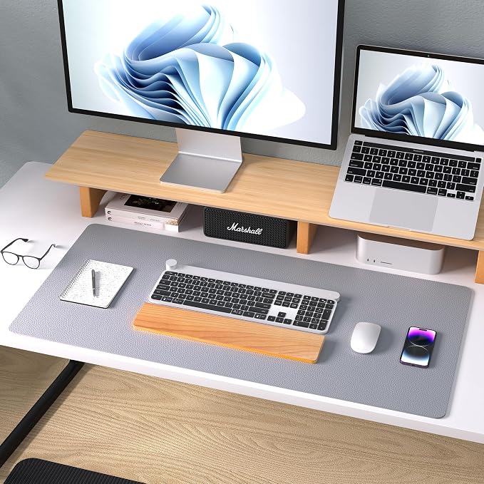 Aothia Leather Desk Pad Protector, Mouse Pad, Office Desk Mat, Non-Slip PU Leather Desk Blotter, Laptop Desk Pad, Waterproof Desk Writing Pad for Office and Home (36" x 17", Light Grey)