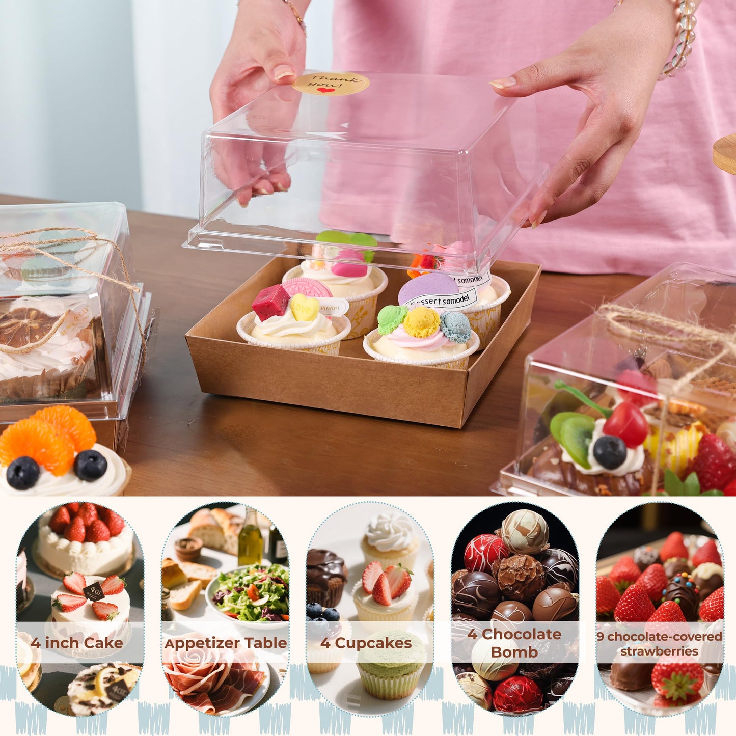 NPLUX 20 Pack Small Cake Boxes Charcuterie Boxes Mini Cake Containers With Lids For 4-6-inch Cake Pudding Sandwich Pie Bakery Dessert(Brown 7x7x4 inch)