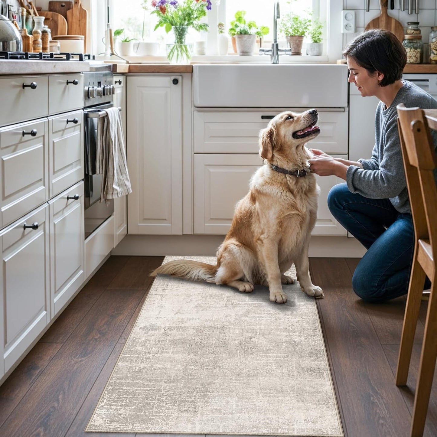Skiennix Washable Area Rug - Abstract Water Resistant Non-Slip Doormat | Ultra Soft 2x4 Beige/Cream