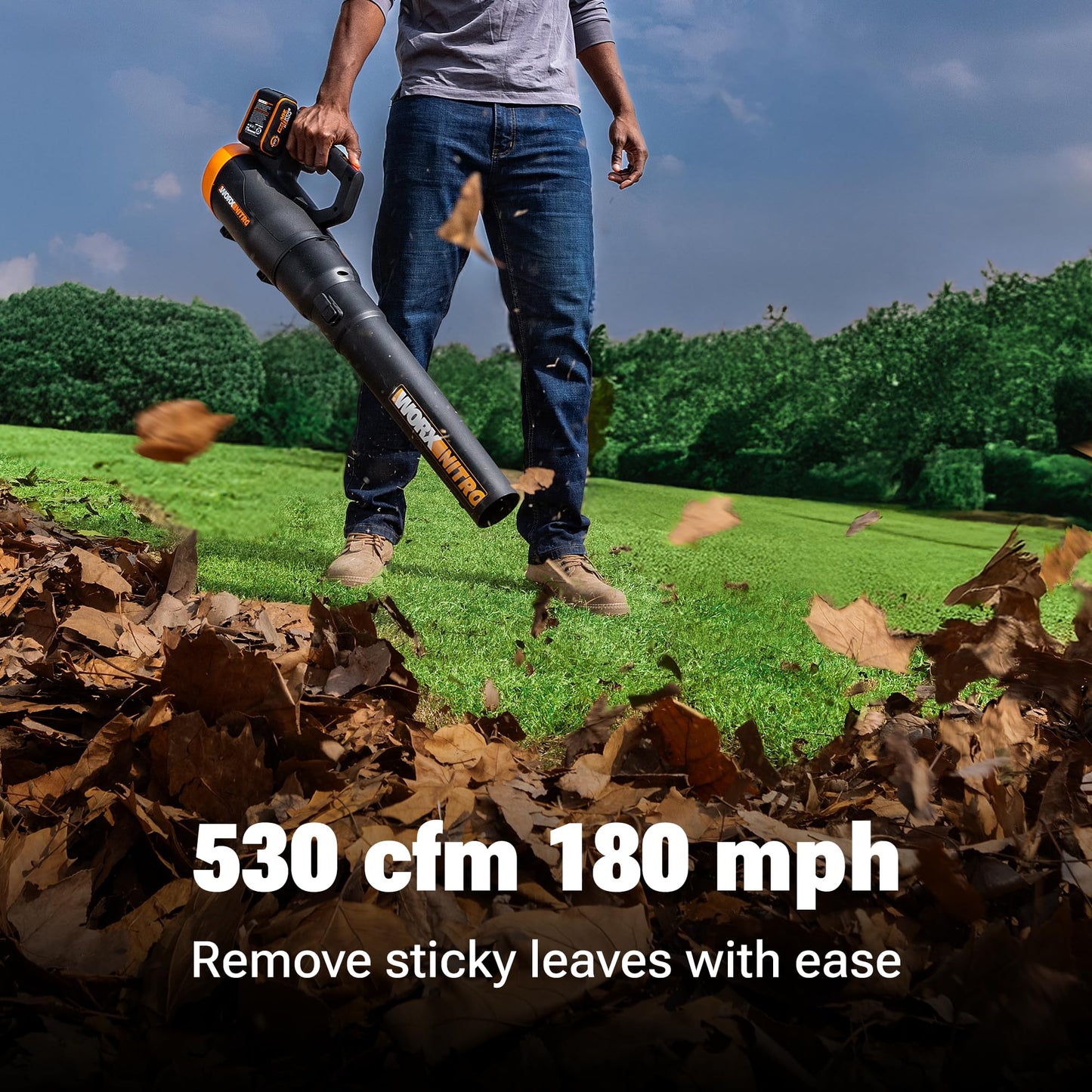 WORX Nitro Cordless Leaf Blower, Quiet Electric Blower for Lawn Care with 530 CFM & 180 MPH, 2 × 4.0 Ah Batteries & Charger Included, WG581.1