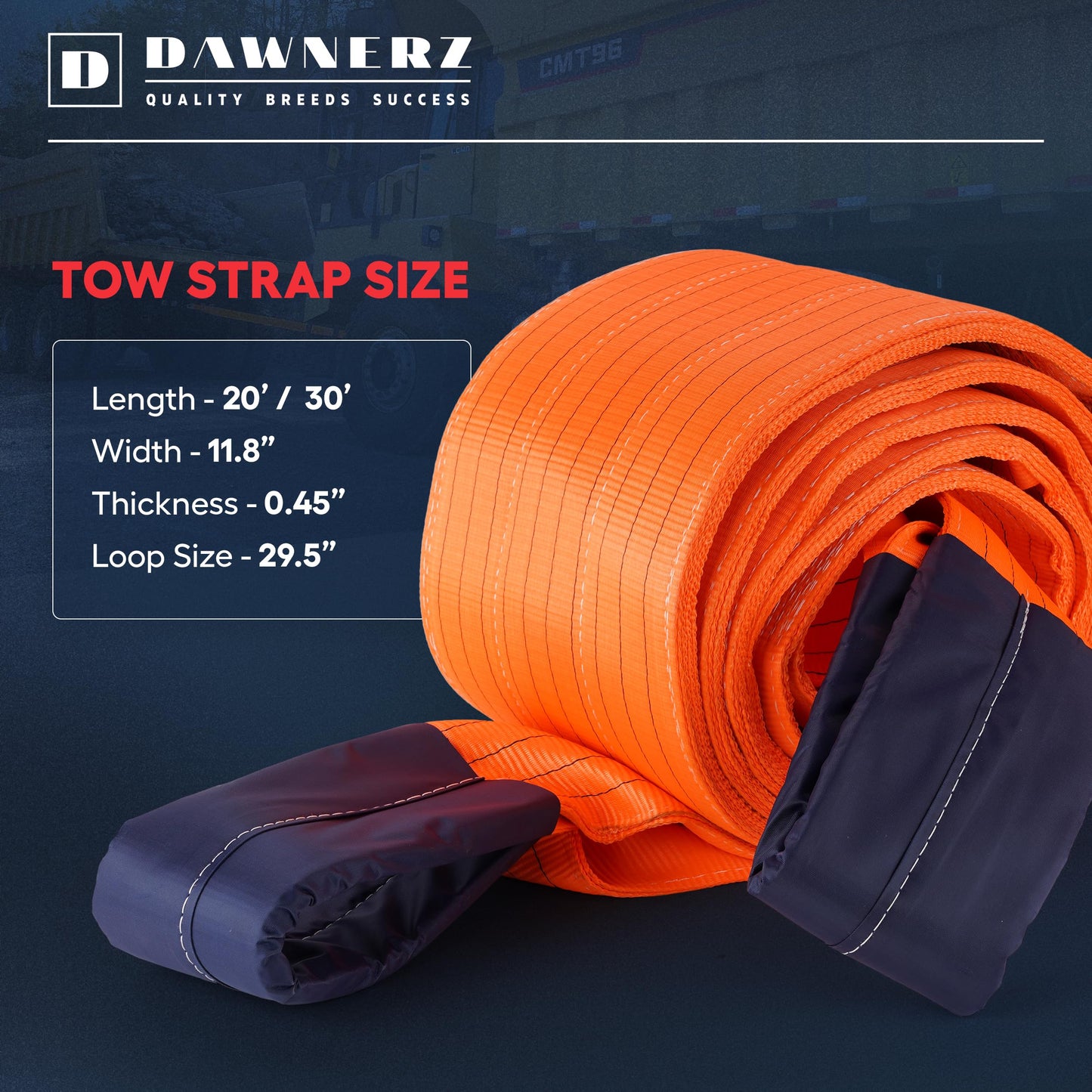 Dawnerz Heavy Duty Tow Strap 30 ft 380000 lbs Minimum Break Strength - Dawnerz Towing Rope for Truck Bus and Tractor