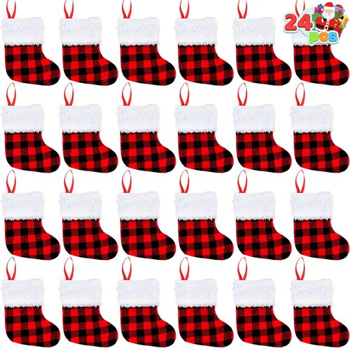 JOYIN 24 PCS Mini Christmas Stockings - Red Black Plaid Holiday Decor for Trees & Parties