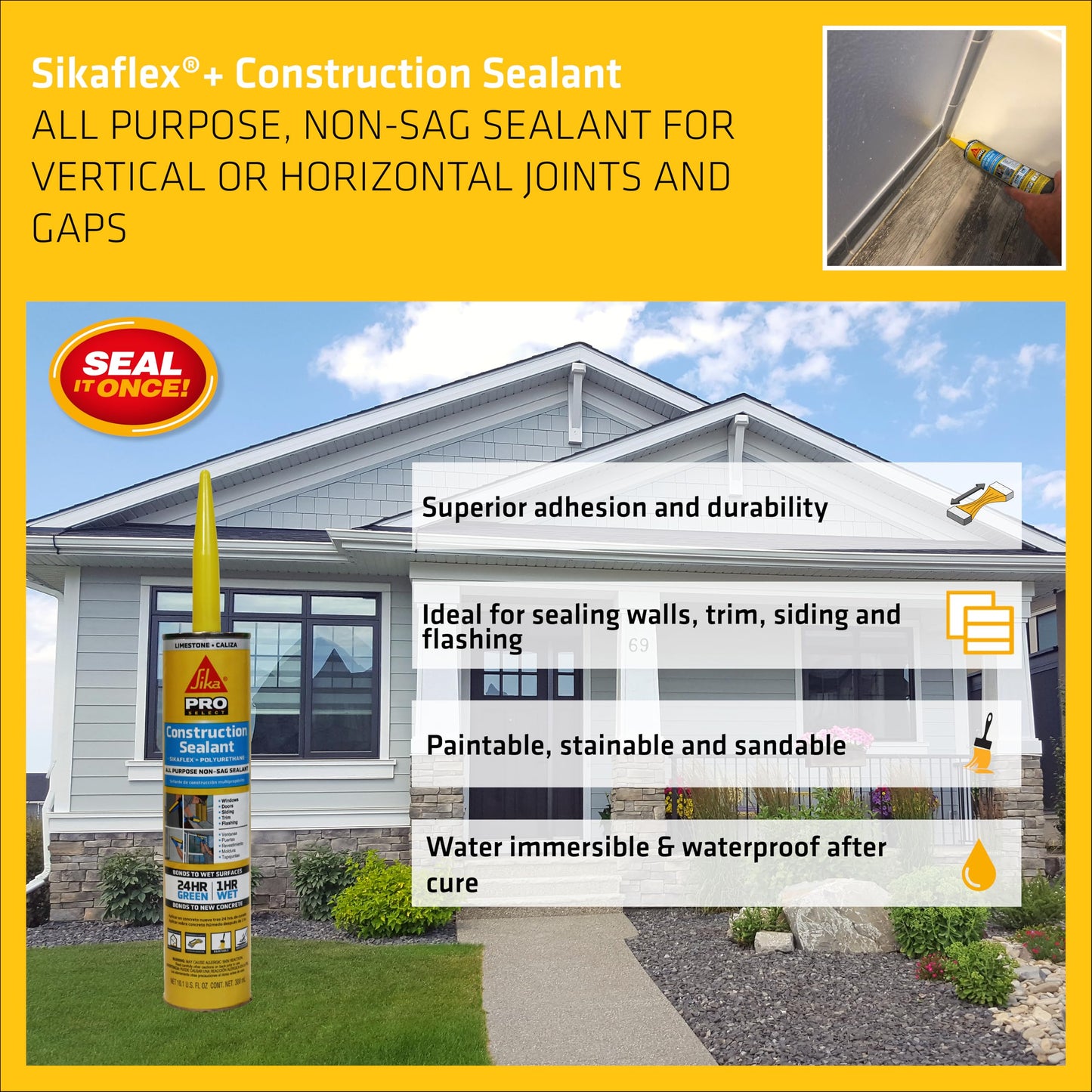 SIKA Sikaflex Construction Sealant, 12-Pack, 10.1 fl oz, Limestone – All-Purpose Polyurethane for Joints 1/2" or Smaller, Strong, Weatherproof, Paintable, Ideal for Masonry, Wood, Metal & Concrete