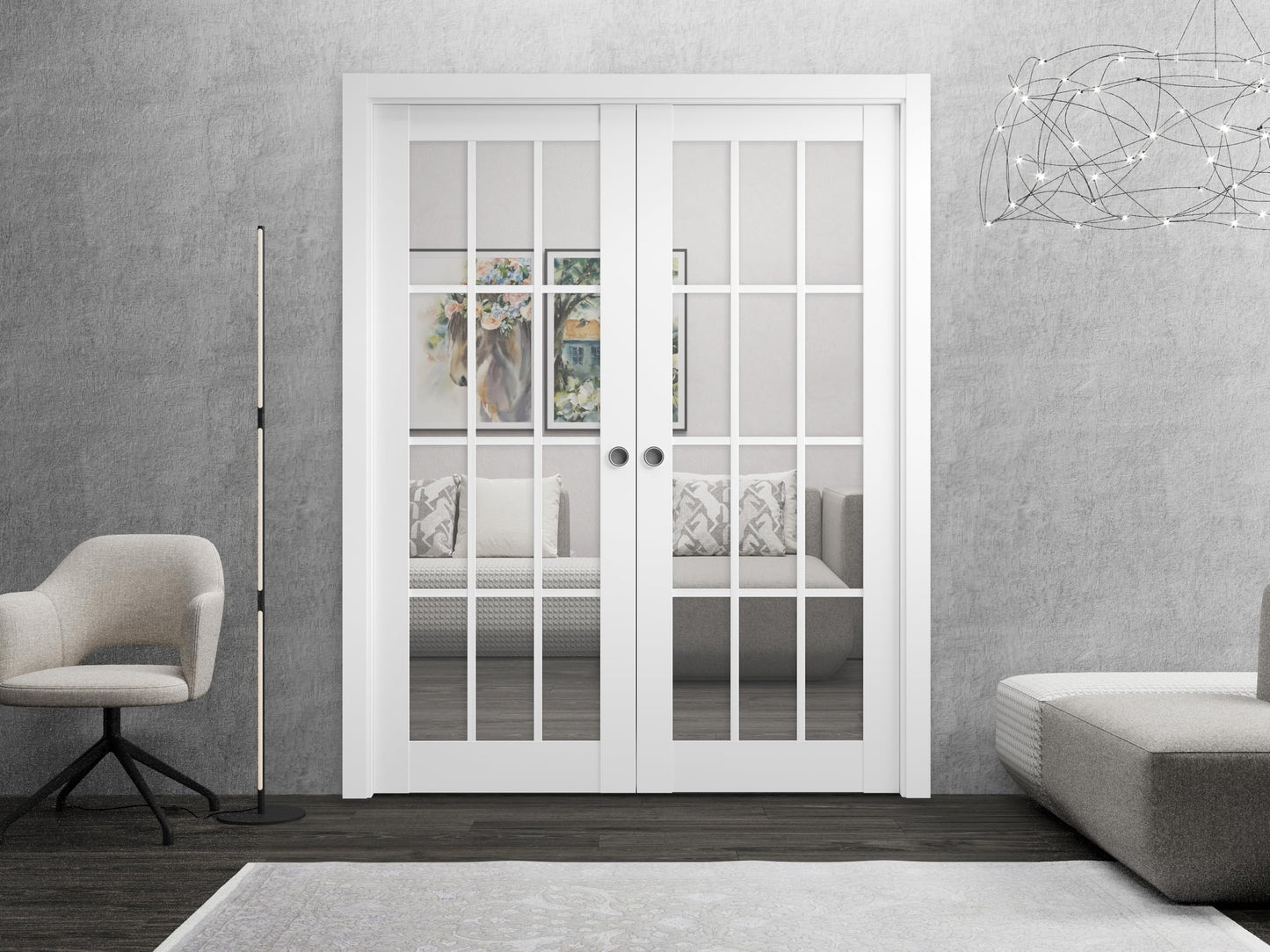 SARTODOORS - Sliding French Double Pocket Doors 64 x 80 inches Clear Glass 12 Lites| Felicia 3355 Matte White | Kit Trims Rail Hardware | Solid Wood Interior Bedroom Sturdy Doors