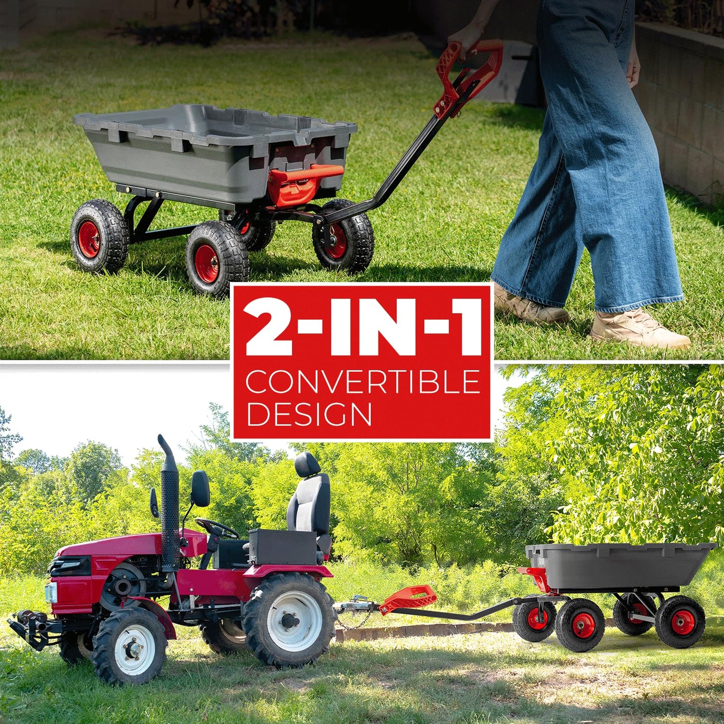 XtremepowerUS 2-in-1 Convertible Handle Heavy Duty Garden Cart Dump Wagon Utility 800-Pound Dump Cart Utility Cart for Yard, Farm 10" Pneumatic Tires