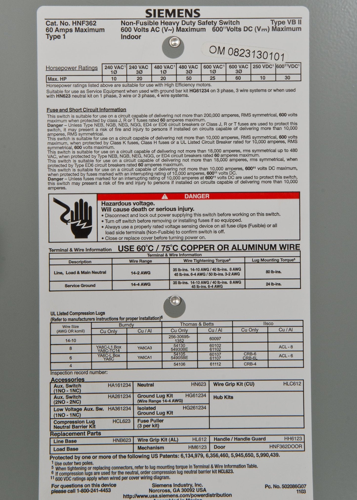 SIEMENS HNF362 60-Amp 3 Pole 600-volt 3 Wire Non-Fused Heavy Duty Safety Switches