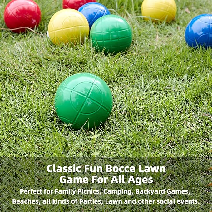 Pointyard 90mm Bocce Ball Set with 8 PE Balls, 1 Pallino, Carrying Bag, Measuring Tape - Family Game for Outdoor/Lawn/Beach/Park