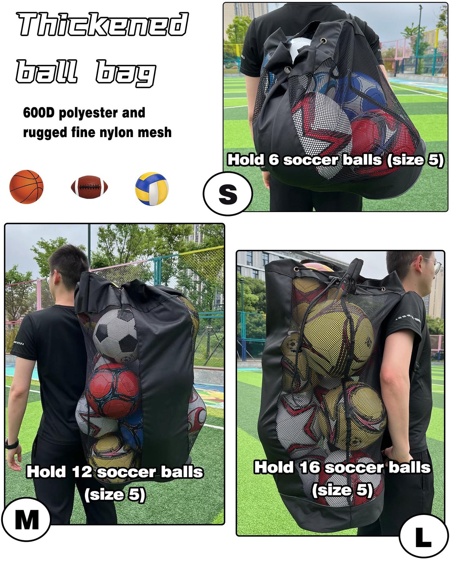 VIPOKO 1/2pcs Soccer Ball Bag,Adjustable Shoulder Strap Extra Large and 1pcs Drawstring Mesh Ball Bag,Heavy Duty Soccer Ball Bags for Coaches,Mesh Equipment Bag for Basketball,Football, Volleyball
