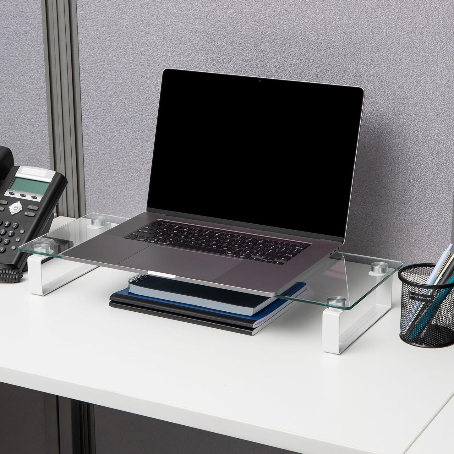 Contemporary Clear Glass Monitor Stand - Stylish Desktop Organizer and Laptop Riser