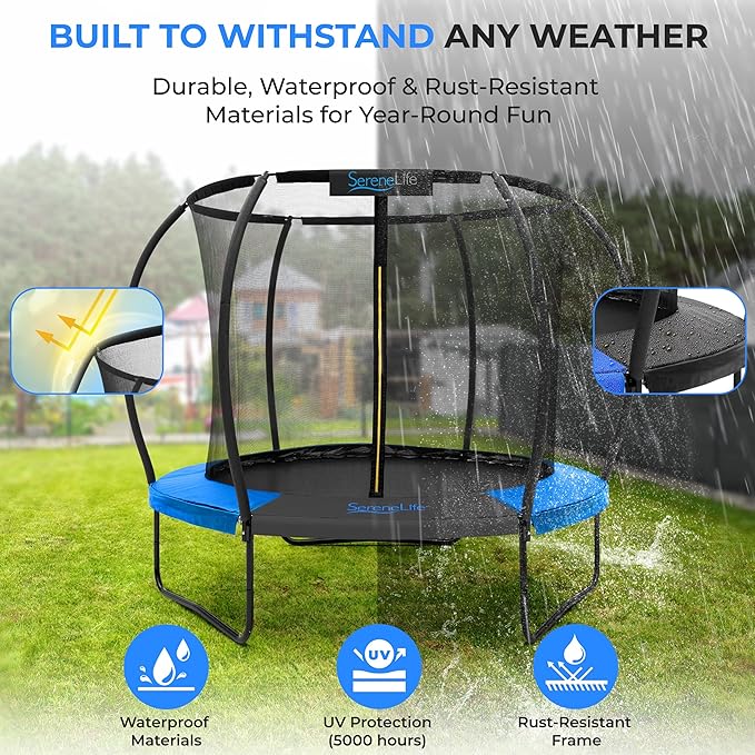 SereneLife 8FT 10FT 12FT 14FT Outdoor Trampoline for Kids and Adults – ASTM Certified Heavy-Duty Backyard Trampoline with Safety Poles, Net Enclosure, and Stable Anti-Rust Frame