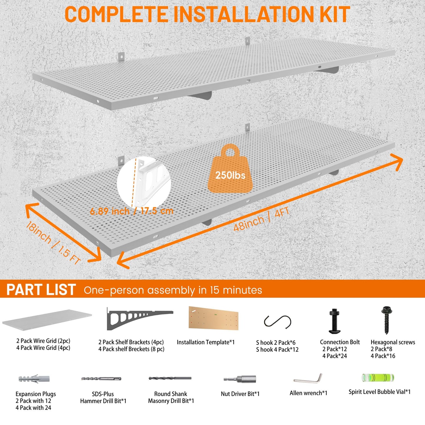 Cuguords 4-Pack 1.5x4ft Garage Wall Storage, 1000 Lbs Garage Wall Shelves, Ultimate Flat Metal Rack with Complete Install Kit, White