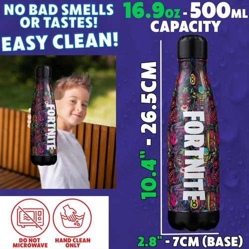 Fortnite Water Bottle for Adults & Teens 500ml, Insulated Stainless Steel Metal Flask for 24 Hours Hot & Cold Drinks, Eco-Friendly BPA Free, Gifts for Her & Him (Multi Fortnite)