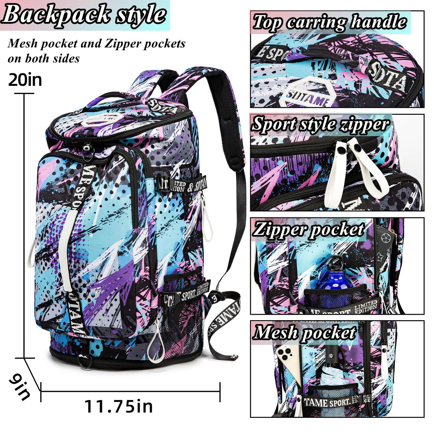 Gym Duffle Bag Backpack with Shoe Compartment,4 ways Travel Backpack for Women and Men,Multi-Functional Weekender bag with Waterproof Layer&Laptop Compartment for Fitness, Travel,Camping(Multicolor)