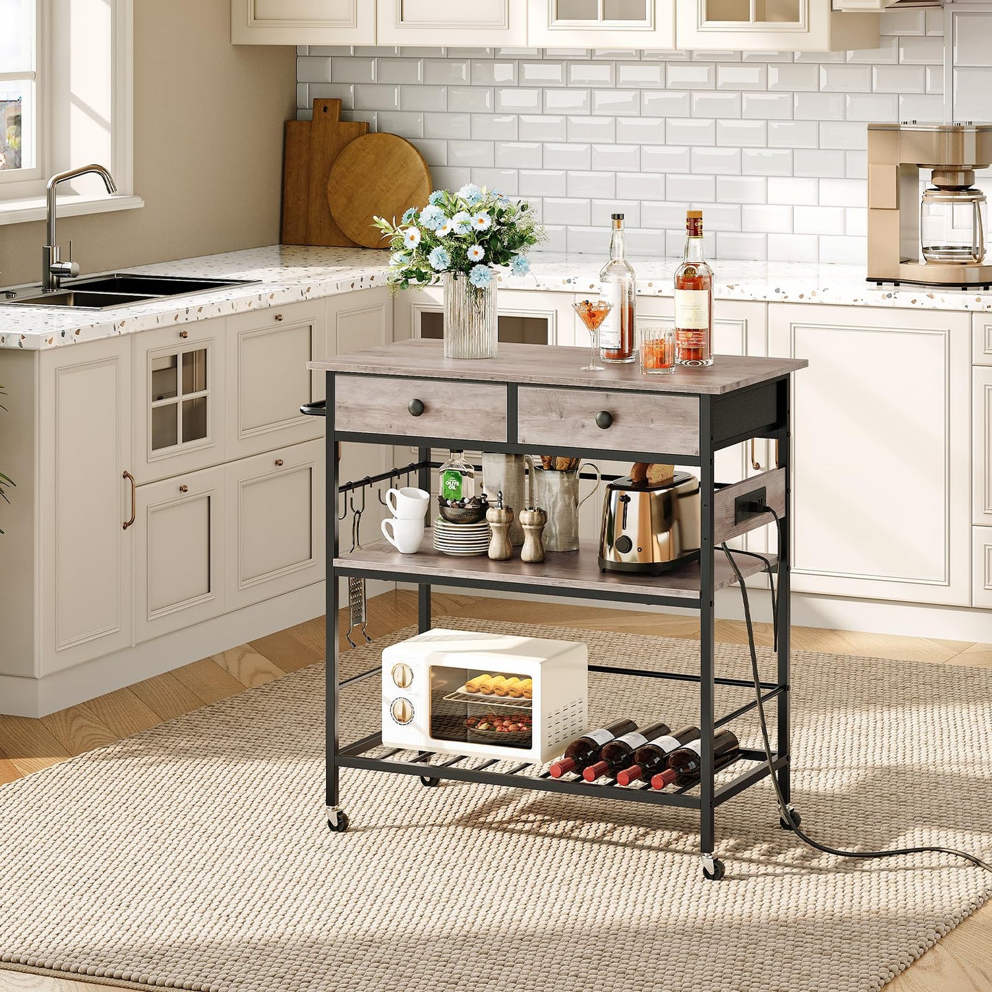 HOOBRO Kitchen Island and Kitchen Island with Storage Bundle, Industrial Kitchen Island on Wheels and Side Enclosures, 3 Tier Kitchen Cart with Large Workstation BC03ZD01-BG08UZD01