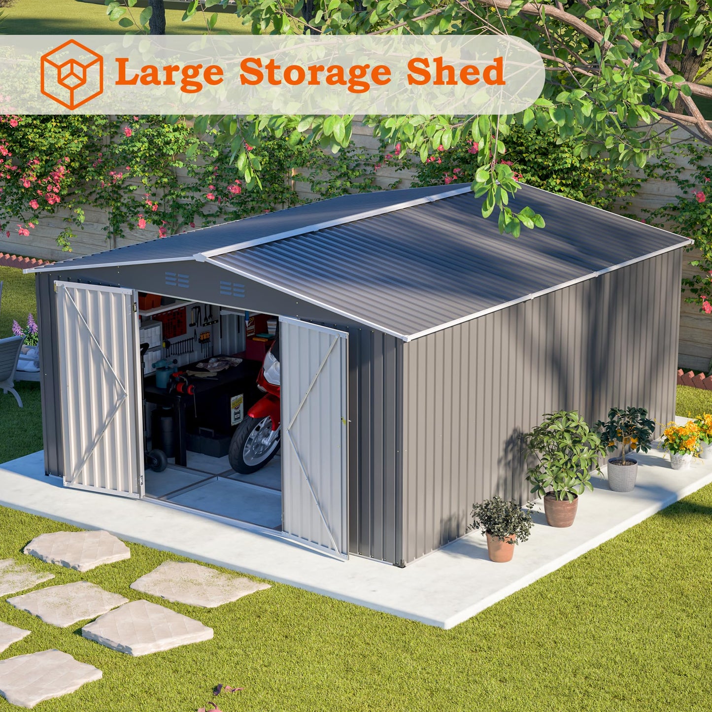 12'x14' Galvanized Steel Outdoor Storage Shed with Built-in Raised Metal Floor, Lockable Double French Hinged Doors & 4 Top Air Vents, Extra Large Garden Tool Shed, Gray