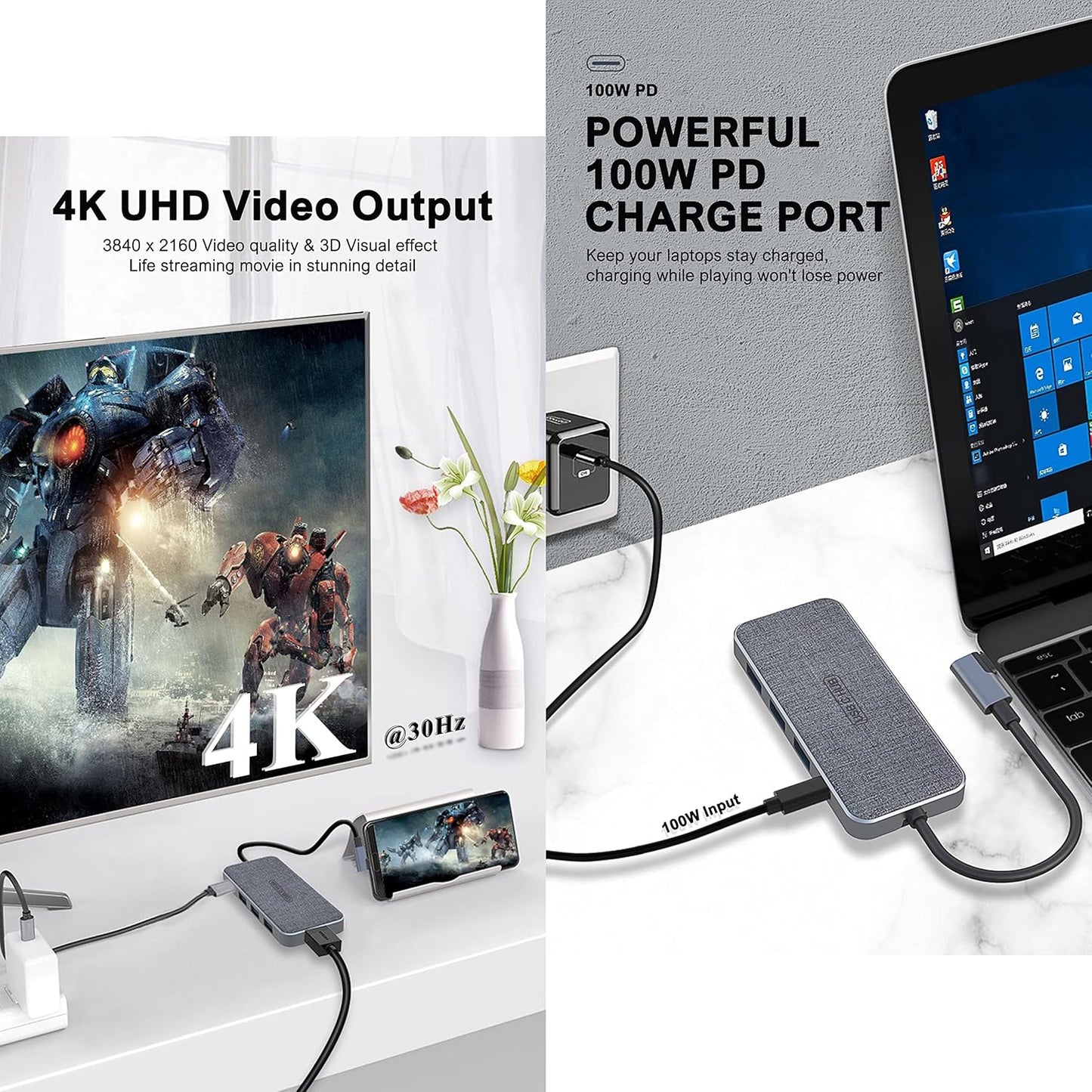 ZSIMC 7-in-1 4K 100W 3 3.0 6, USB C Hub, Docking Station Multiport Adapter with HDMI, Power Delivery, USB Ports, SD/TF