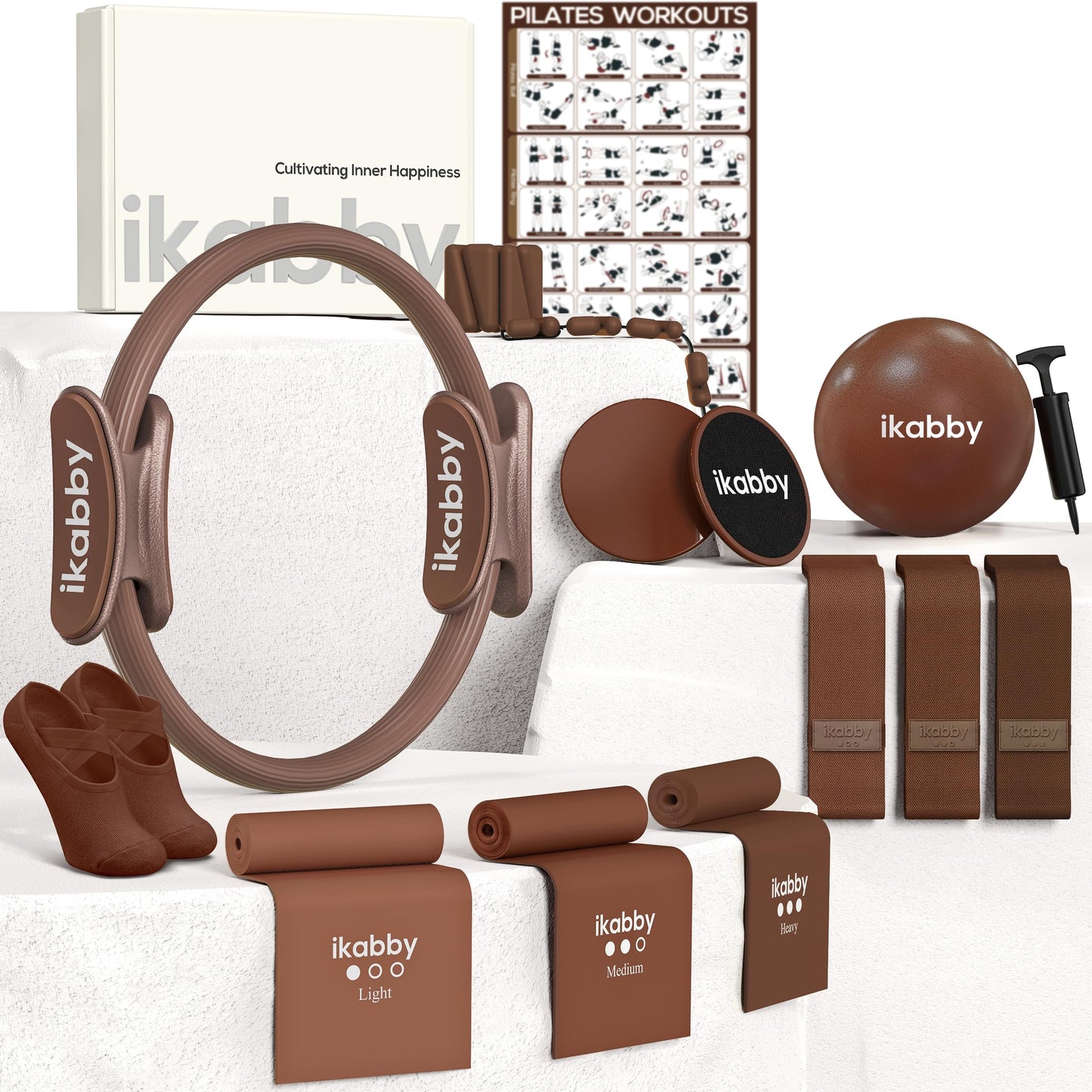 Ikabby Pilates Kit, Home Pilates Kit with Weights, Pilates Equipment for Home Workout, Pilates Essentials Kit for Women, Yoga Pilates Mat Kit for Beginners, Brown Pilates Set