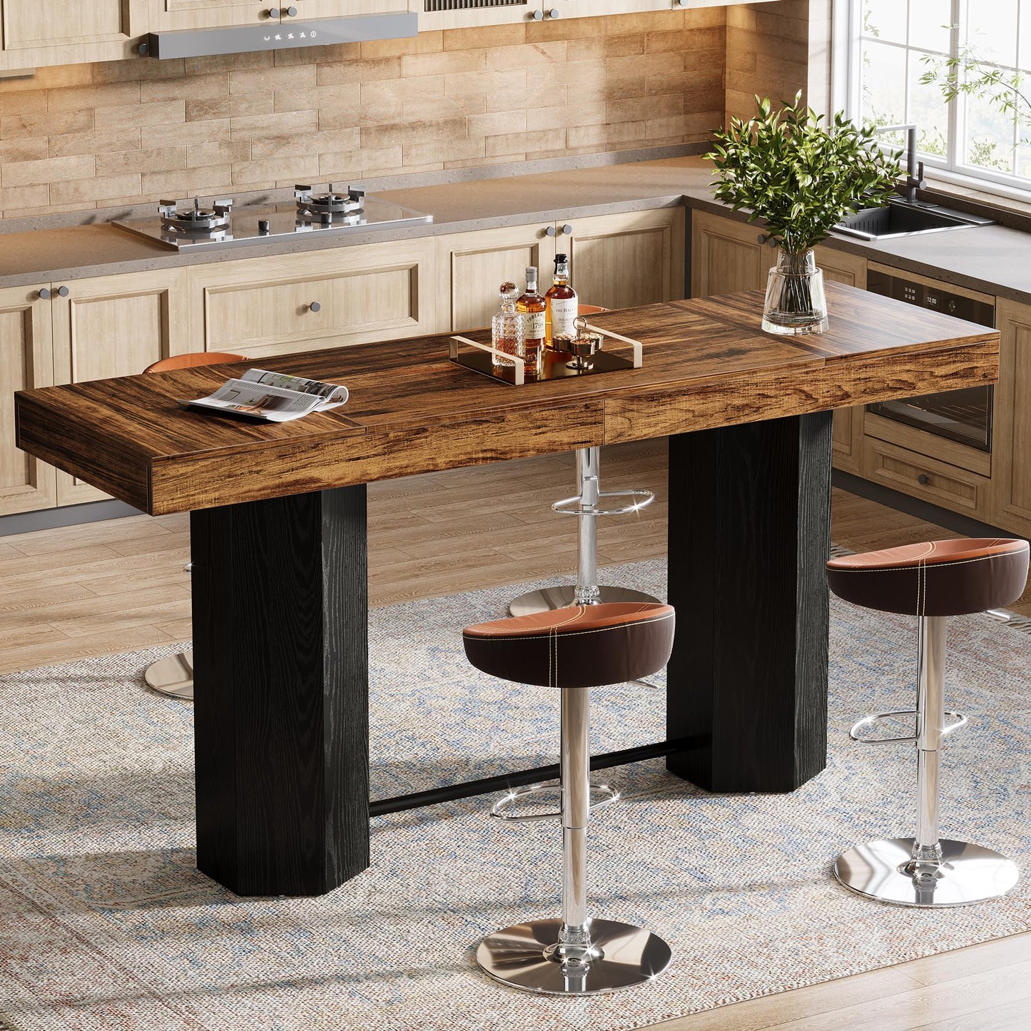 Tribesigns 70.9" Extra Long Bar Table, Industrial Counter Height Table, Rectangular Bar Height Tables with Metal Footrest for Kitchen Dining Room, Living Room, Pub (Rustic Brown & Black)
