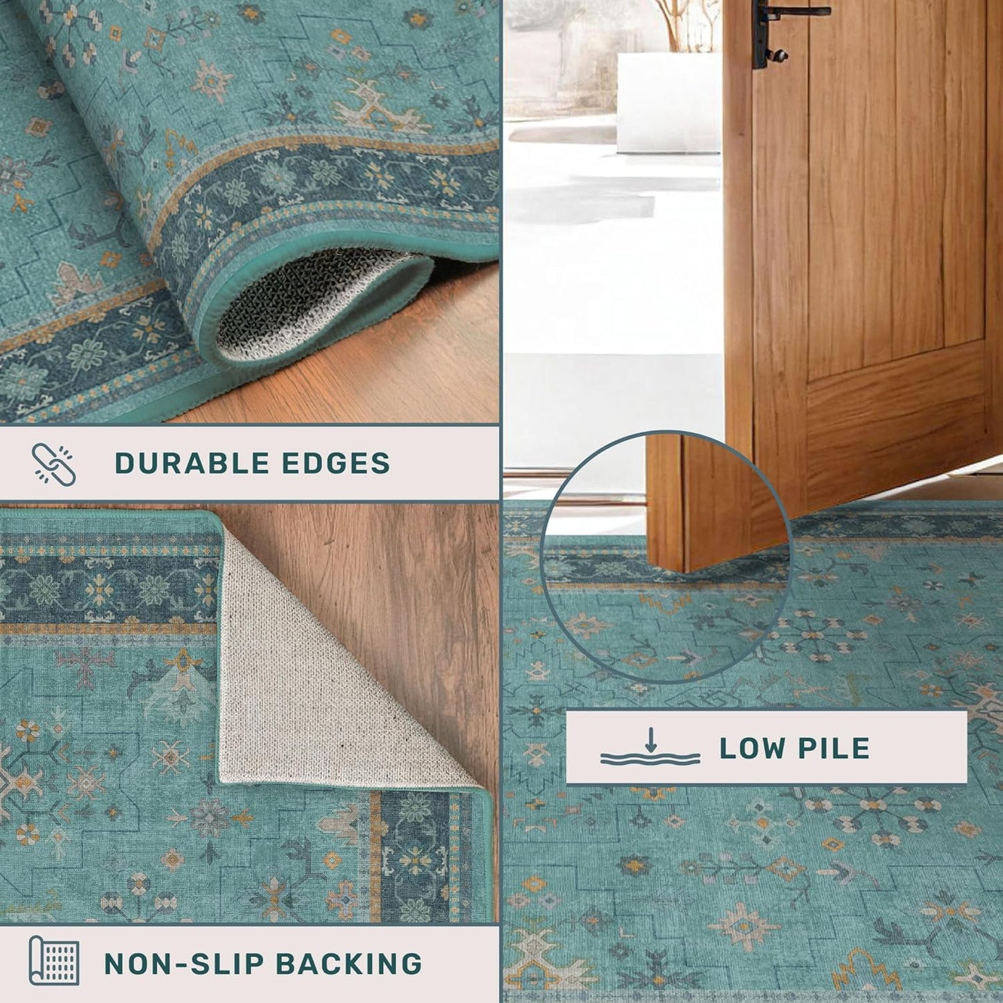 Skiennix Teal Area Rug - Washable Non-Skid Design for Entryway, Kitchen, Bathroom | Boho Geometric Style
