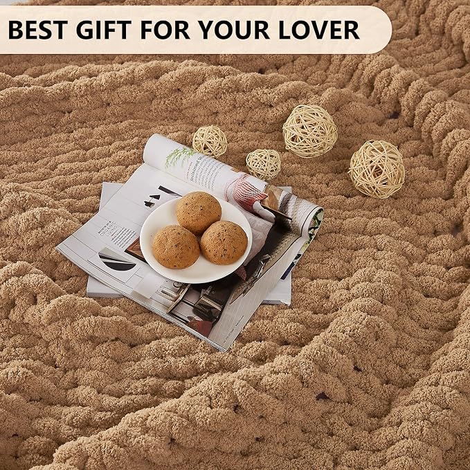 L'AGRATY Chunky Knit Blanket Throw: 50''x60'' Chenille Chunky Knitted Throw Blanket for Bed Couch - Handmade Thick Big Cable Knit Blanket - Large Crochet Rope Blankets for Home Decor(Tan)