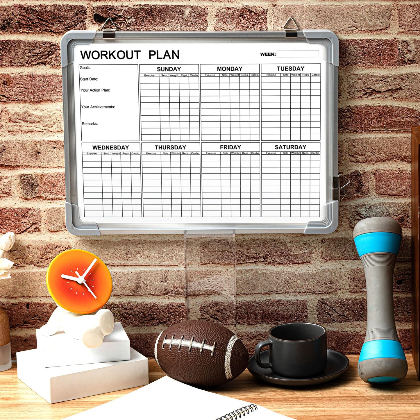 Lincia 16 x 12 Inch Fitness Tracker Whiteboard Workout Calendar for Home Gym Dry Erase Planner Hanging Removable to Do List for Wall Whiteboard with Aluminum Frame for Gym Program(Style D)
