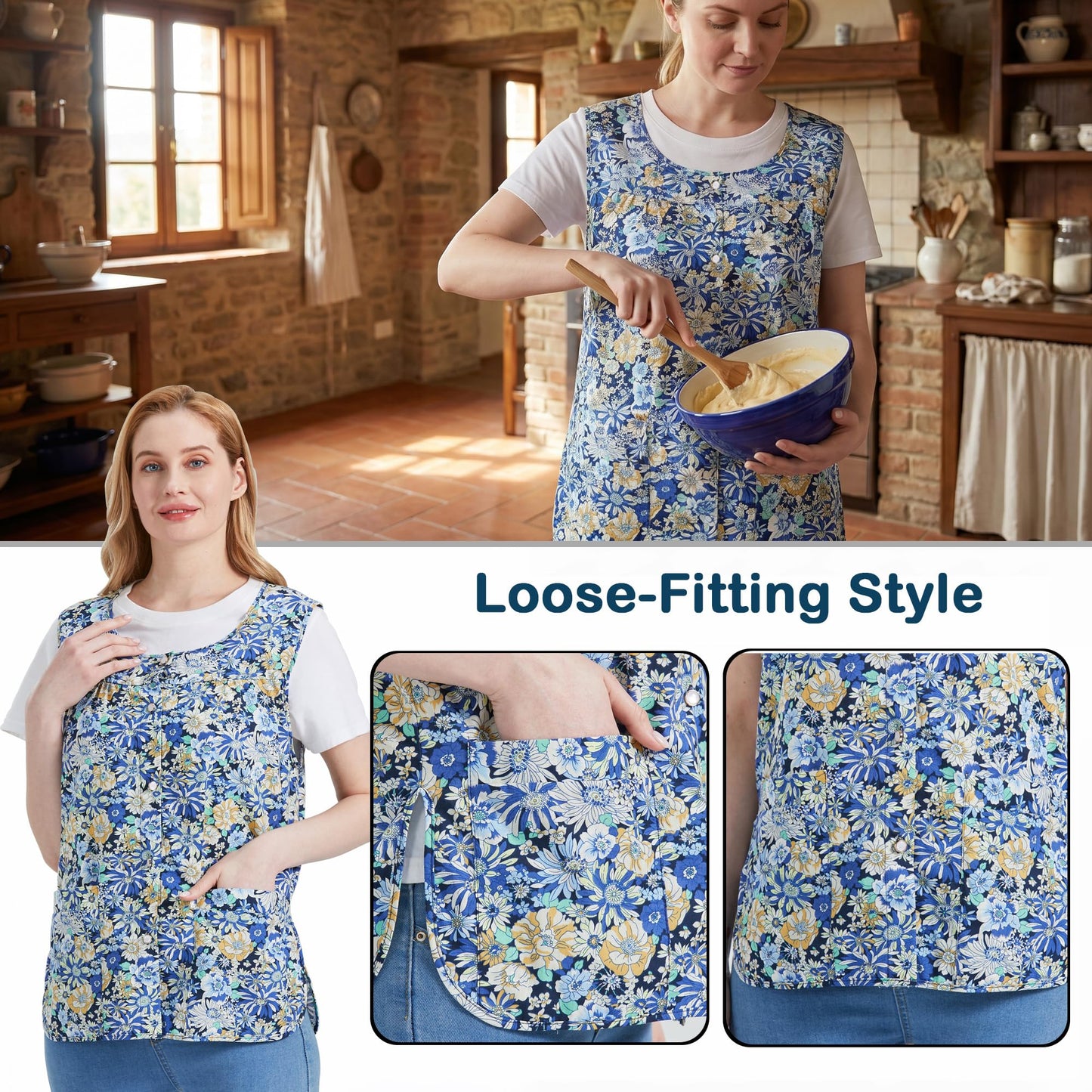 Nanxson Women Cobbler Apron with 2 Patch Pockets, Cotton Printed Bib, Smock with Buttons for Work Chef kitchen CF3177
