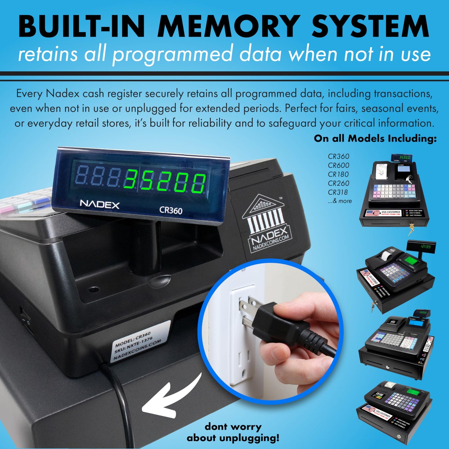 Nadex CR180 Electronic Cash Register, Steel Cash Drawer, Compact Design, White