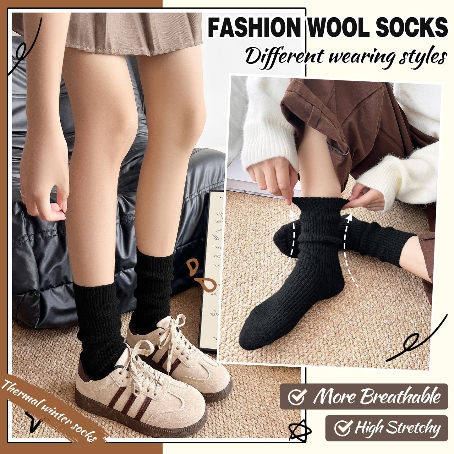 SAVALOS Women Black Merino Wool Slouchy Boot Socks Warm Winter Thermal Slouch Scrunch Cozy Knit Comfy Hiking Work Gifts Socks 5 Pairs Stocking Stuffers(Black,Medium)