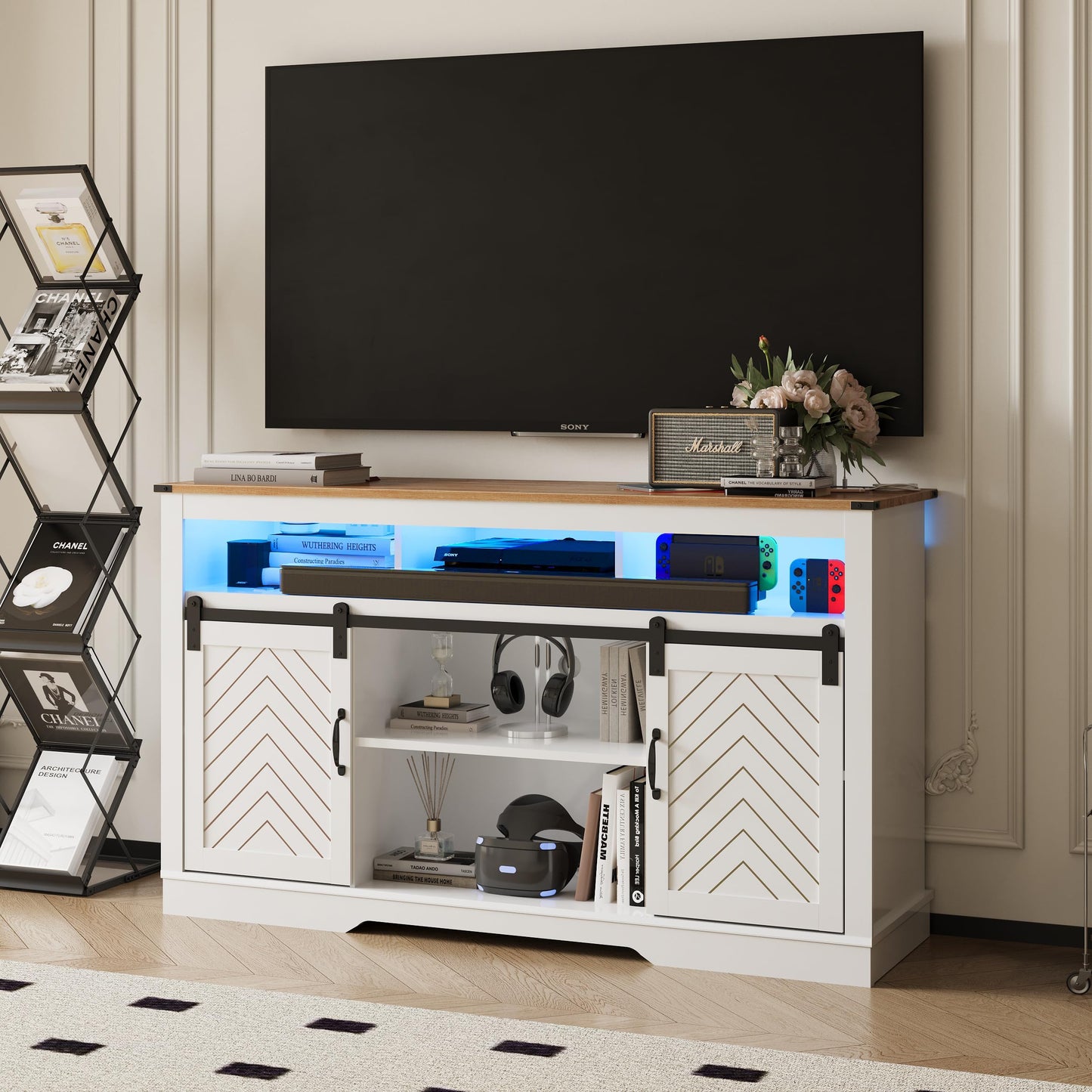 walsport 58” Wooden Farmhouse TV Stand for 65 Inch TV – Rustic White Entertainment Center with Power Outlets, Sliding Barn Door & Large Storage, Tall TV Console Cabinet for Living Room