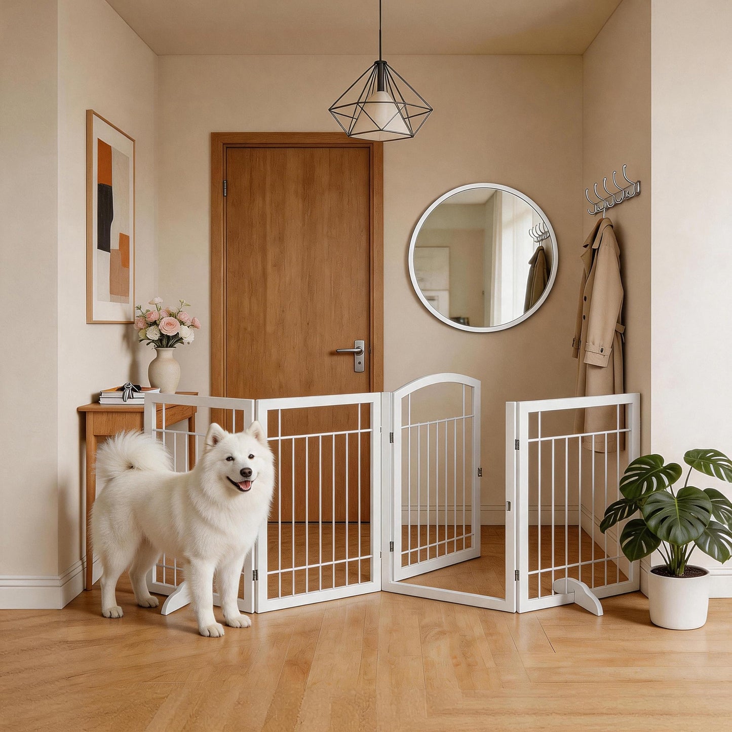 Vantas Folding Pet Gate 96" Wide, 30" Tall No-Assembly Metal Dog Gate with Door Walk Through, Freestanding Wire Pet Puppy Safety Fence, with 2PCS Support - White