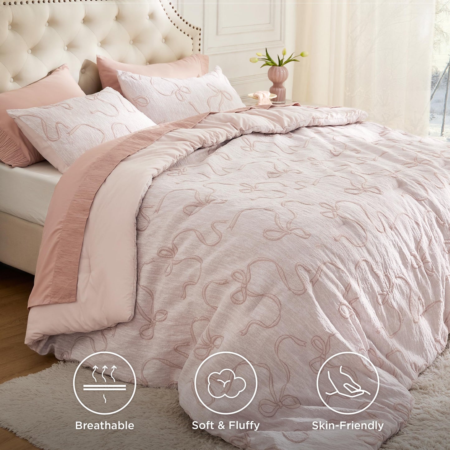 Bedsure Pink Comforter Set Queen, GentleSoft™ 3 Pieces Breathable Bow Comforter Set Women Girls with 2 Pillow Shams, Cute Queen Bedding Sets Pink Room Decor Aesthetic Bedroom Decor, 90x90 Inches