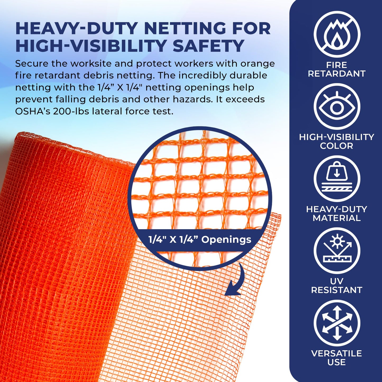 Tarps Now 8'-6" x 150' Orange Safety Netting Roll - Heavy Duty Fire Retardant Safety Nets with 1/4" Openings for Security & Construction Debris Netting, Temporary Mesh Fence, Job Site Net Enclosure