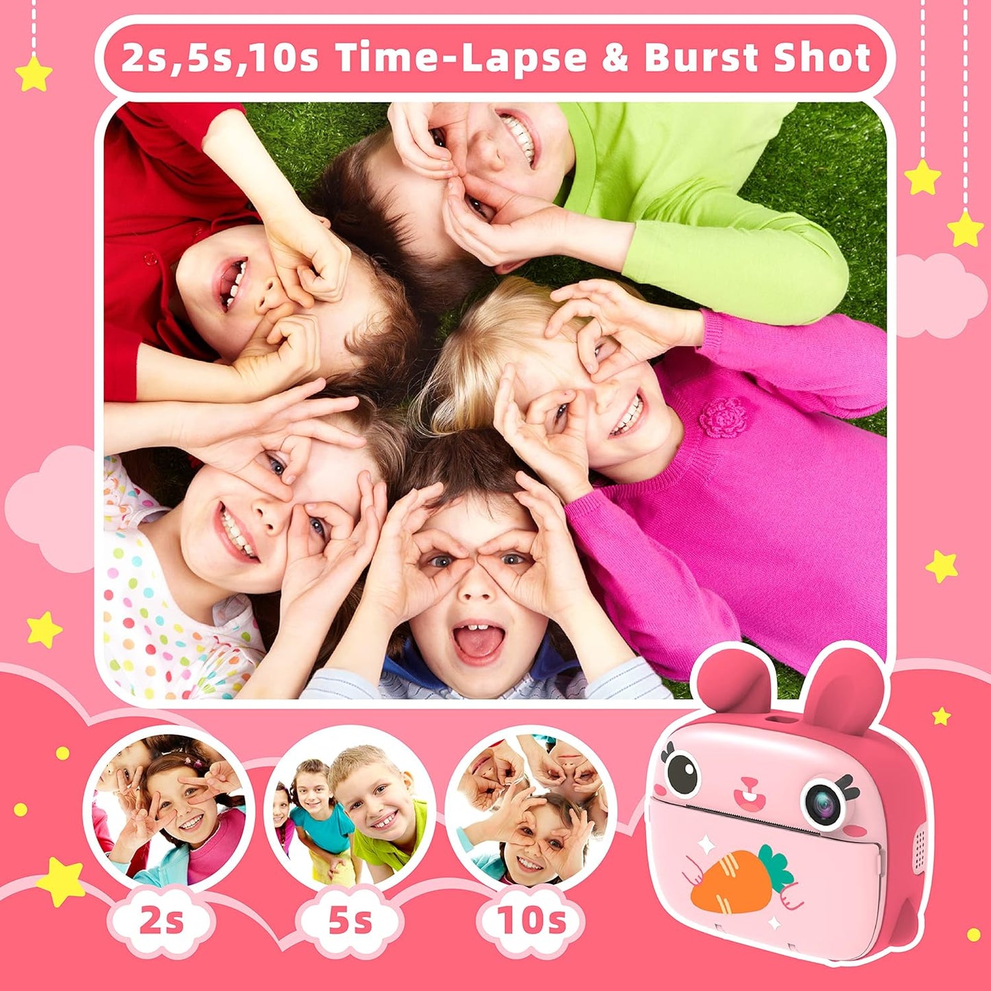 CAMCLID 2.5K 32GB 1080P 3-12 Kids Instant Camera - Instant Print Camera with No Ink, Card, Selfie & Video, Pink Toy