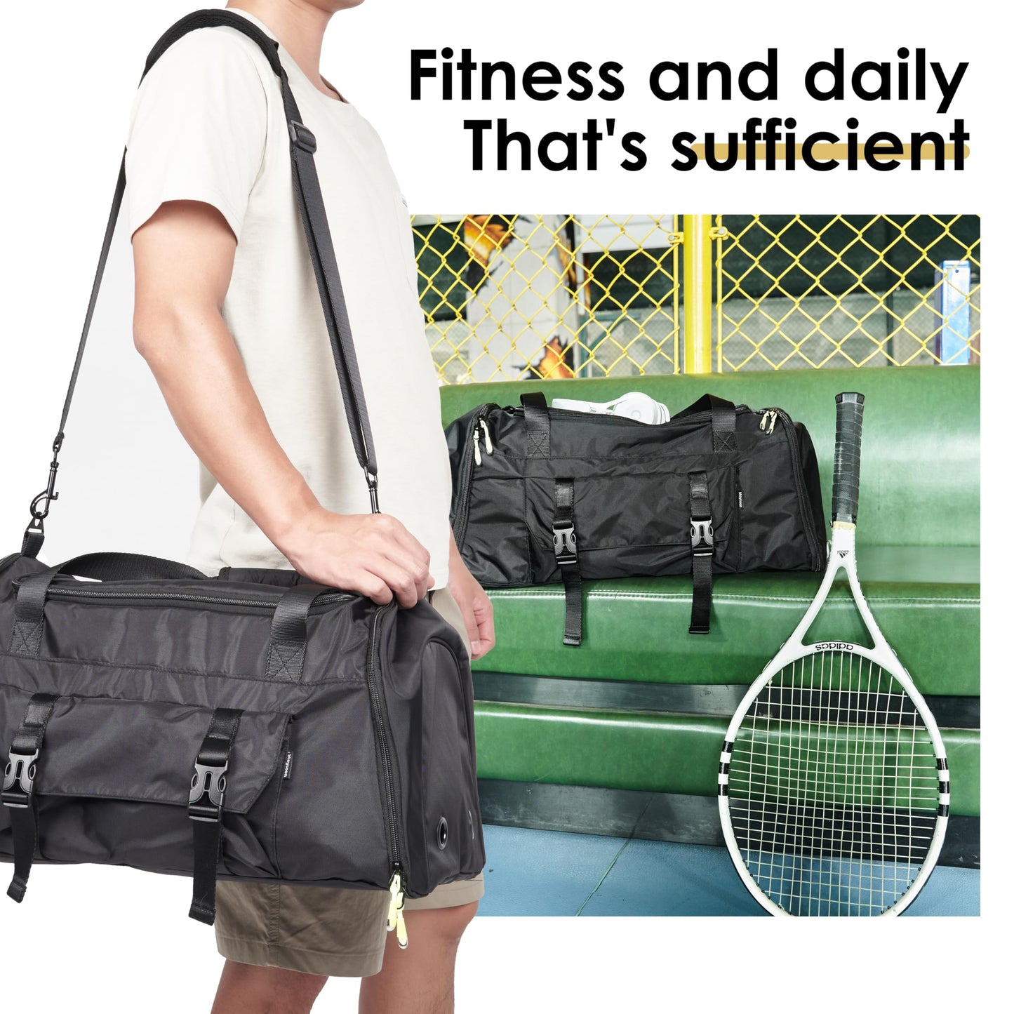 MOYSOON Small Gym Bag for Men & Women - Duffle Bag with Shoe Compartment, Multiple Pockets, Wet/Dry Compartment | Perfect for Travel, Fitness, Workout, Sports (Black)