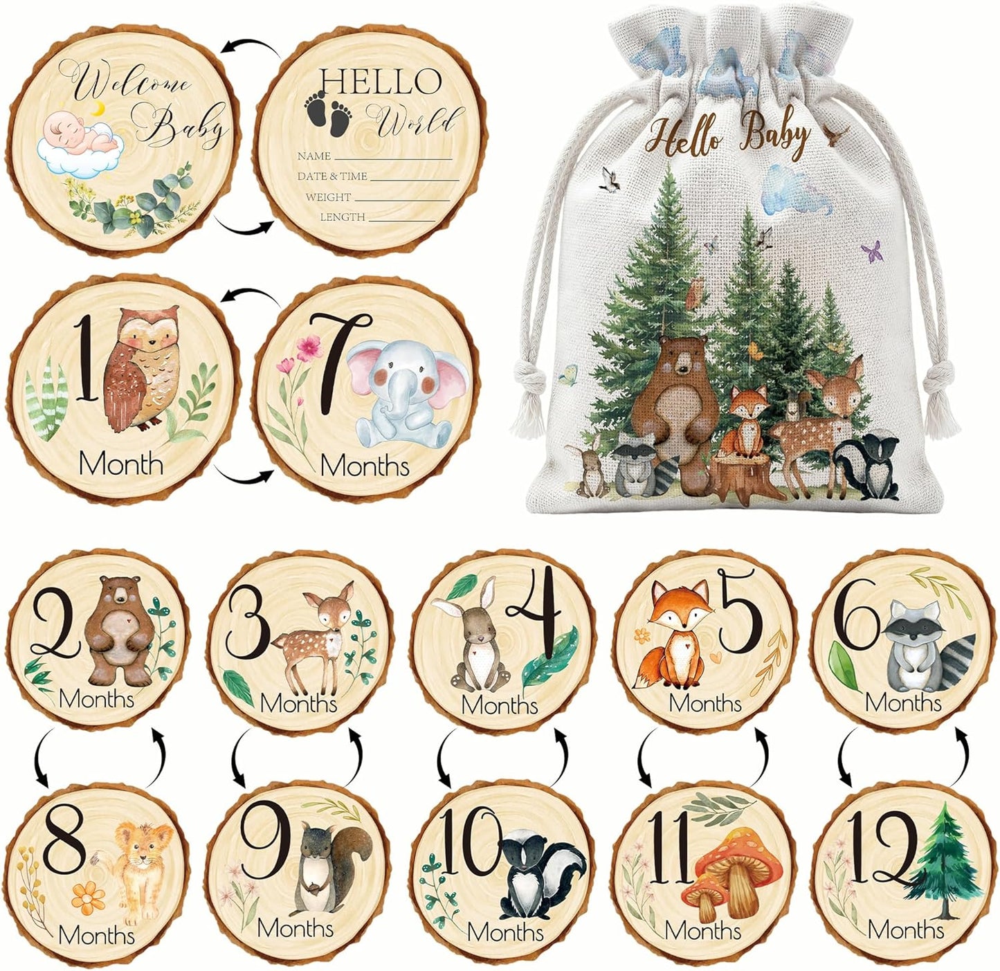 Uflashmi 7Pcs Woodland Baby Monthly Milestone Signs, Double Sided Wooden Months Baby Milestone Cards Markers for Girl