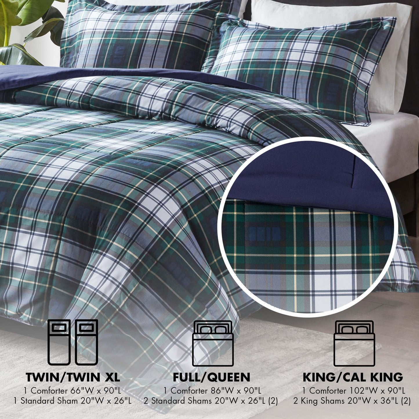 Madison Park Essentials Parkston Plaid Comforter Set Soft Brushed Microfiber College Bedding, 3M Scotchguard Stain Release Cover, Modern All Season Cabin Bedding, Full/Queen, Navy, 3 Piece