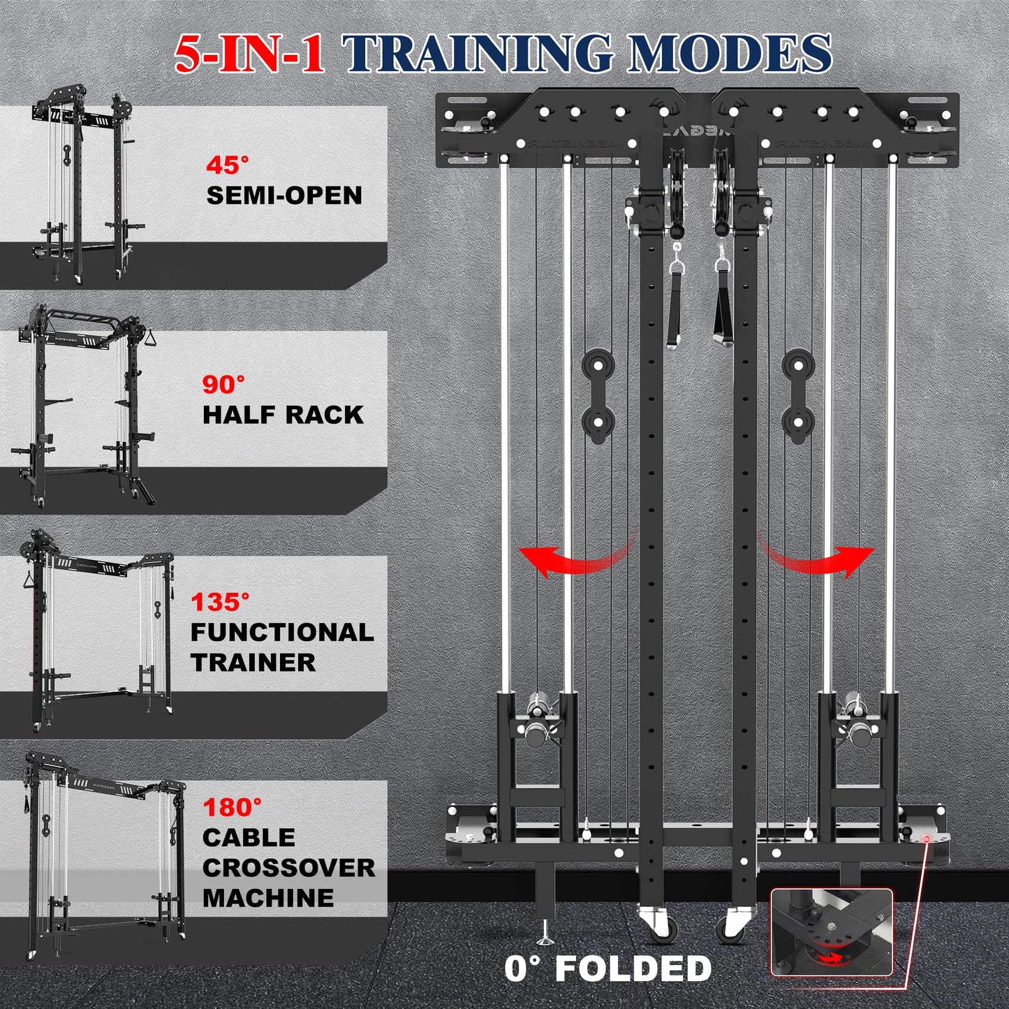 MEGASTAR FITNESS Power Cage, Folding Power Rack, 2000LBS Wall Mounted Squat Rack with Cable Pulley System, Landmine Attachment and Multi-Grip for Home Gym Small Space