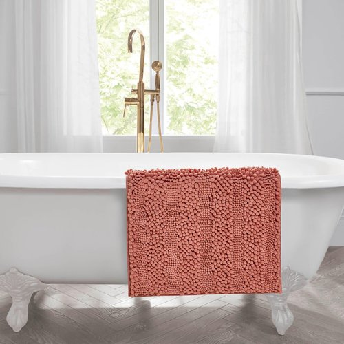 Laura Ashley – Astor Chenille Bath Mat | 100% Polyester | Premium Bathroom Décor | Machine Washable | TPR Backing | Measures 17” x 24” | Coral