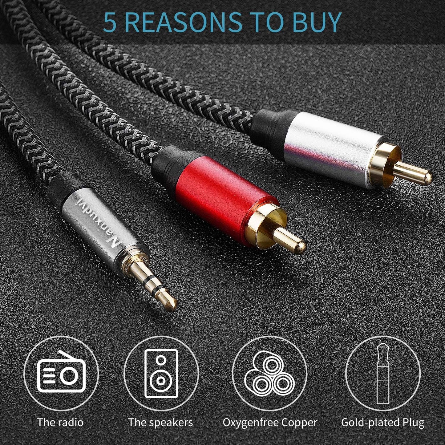 Nanxudyj 3.5mm 2RCA 100ft, MP3 DY66 to Audio Cable, Top Series, Nylon-Braided, for Stereo Receiver Speaker, Smartphone