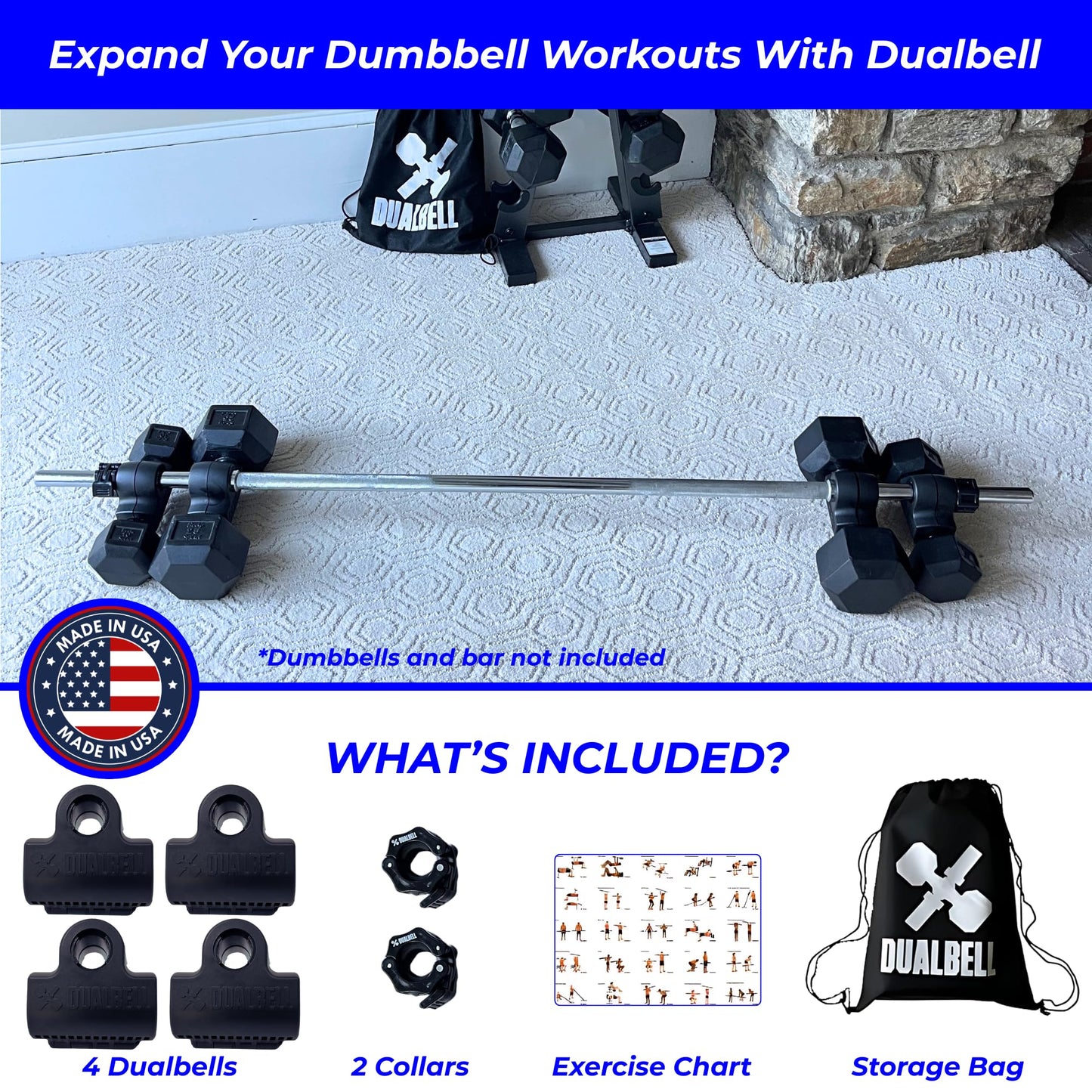 Dualbell Dumbbells to Barbell Converters- Quick Setup Dumbbell Connectors, 500lb Capacity Barbell Adapters, Secure Fit, Quick Setup, Fits 1" Bars, Home Gym Equipment, 2 Pairs w/Black Weight Collar