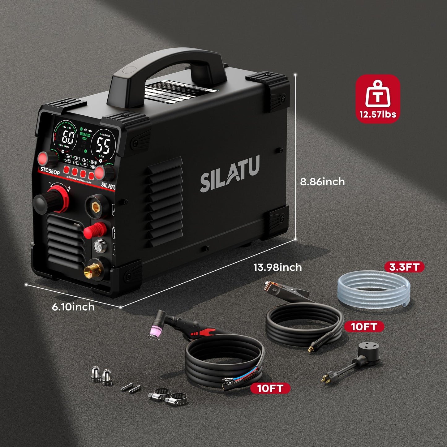 SILATU Plasma Cutter, STC550P 55Amps Pilot Arc Plasma Cutter Machine, 110/220V Dual Voltage LED Display Air Sensor, 9/16'' Clean Cut 7/10'' Max Cut, Mesh Cutting, PT/2T/4T for Beginners DIY (Black)