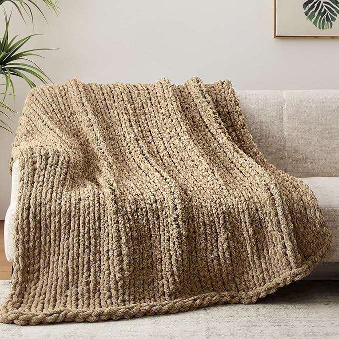 Negwoo Chunky Knit Throw Blanket, 80''*90'' Knitted Throw Chenille Yarn for Bed Couch, Handmade Light Brown Crochet Big Thick Blanket, Machine Washable Cute Comfy Blanket for Home Decor
